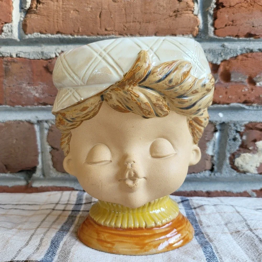 Vintage Wall Pocket Head Face Boy with Hat Wall Vase Vintage • MCM Wall Vase